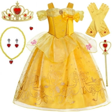 Jurebecia Princess Dress for Girls Costume Kids Off Shoulder Layered Toddler Halloween Cosplay Birthday Party Outfit up Yellow 110 cm 3-4 Years