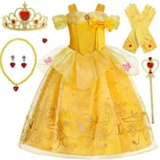 Jurebecia Princess Dress for Girls Costume Kids Off Shoulder Layered Toddler Halloween Cosplay Birthday Party Outfit up Yellow 120 cm 5-6 Years