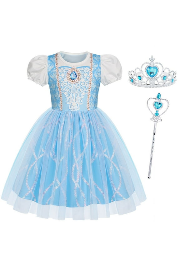 Cinderella Dress for Girls Kids Blue Princess Costumes Toddler Puff Sleeve up Fancy Birthday Party Ball Gown Halloween Birthday Party Outfits 110 cm 3-4 Years