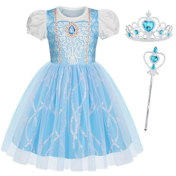 Jurebecia Cinderella Dress for Girls Kids Blue Princess Costumes Toddler Puff Sleeve up Fancy Birthday Party Ball Gown Halloween Birthday Party Outfits 120 cm 5-6 Years