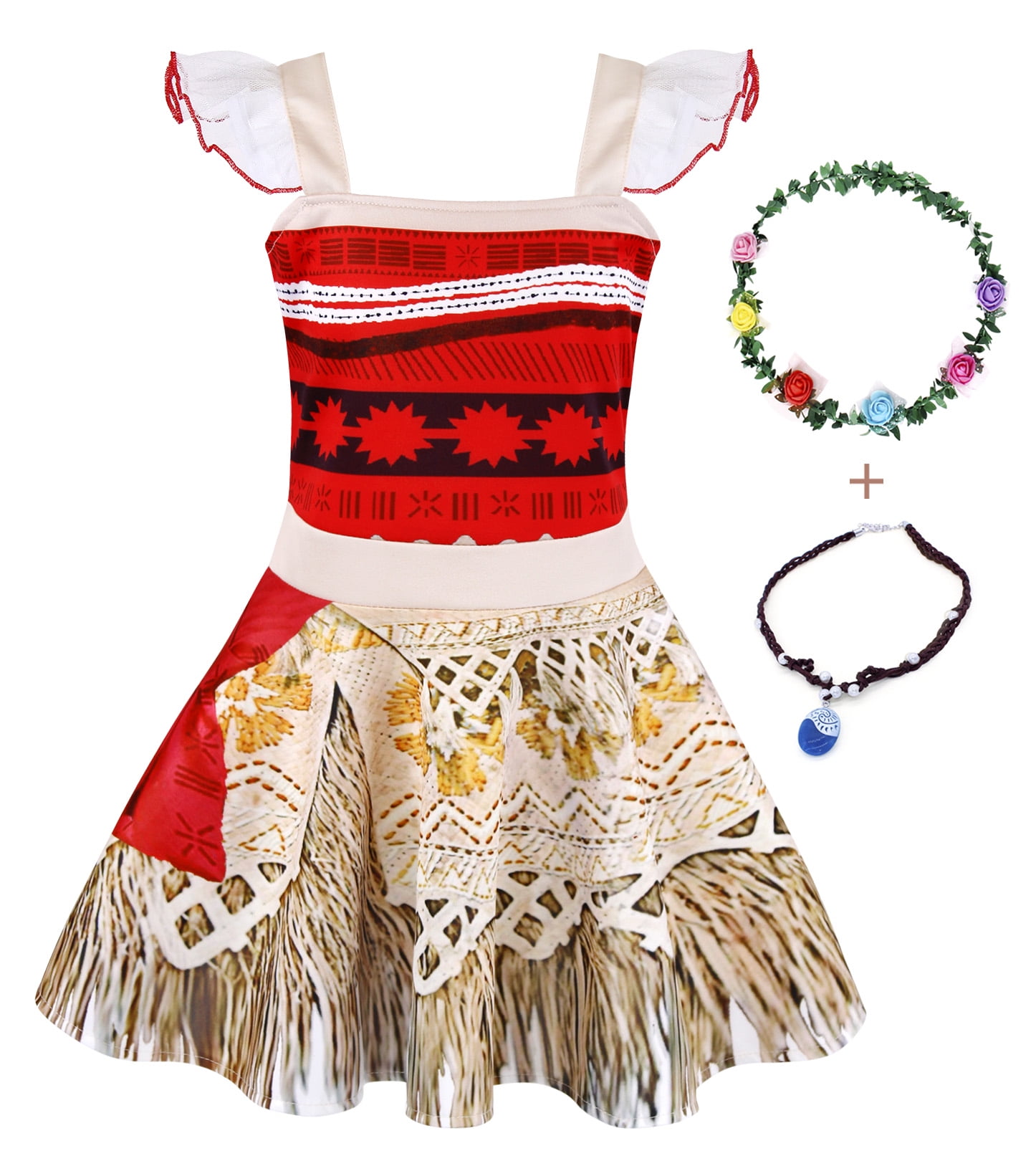 Jurebecia Moana Princess Dress for Little Girls Fancy Costume for Kids Cosplay Halloween Christmas Outfits with Accessories Red White 5 6 Years Walmart Business Supplies