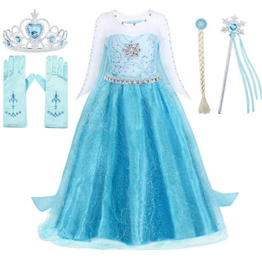 Jurebecia Elsa Costume for Girls Princess Birthday Party Blue Dress up Little Girls Christmas Halloween Cosplay Costume with Accessories 1-12 Years
