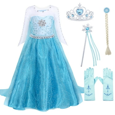 Jurebecia Elsa Costume for Girls Princess Birthday Party Blue Dress up Little Girls Christmas Halloween Cosplay Costume with Accessories 1-12 Years