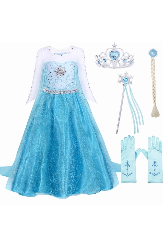 Princess Dress for Girls Birthday Party Blue Costume up Toddlers Kids Christmas Halloween Cosplay Clothes with Accessories 6T(5-6Years)