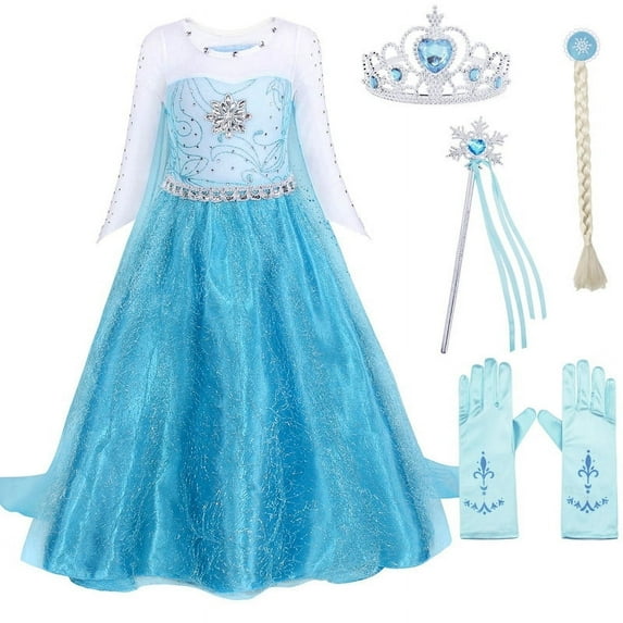 Jurebecia Snow Queen Dress for Girls Princess Birthday Party Blue Dresses up Little Girls Christmas Halloween Cosplay Costume with Accessories 6T(5-6Years)