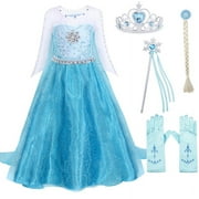 Jurebecia Elsa Costume for Girls Princess Birthday Party Blue Dress up Little Girls Cosplay Costume With Accessories 1-12 Years
