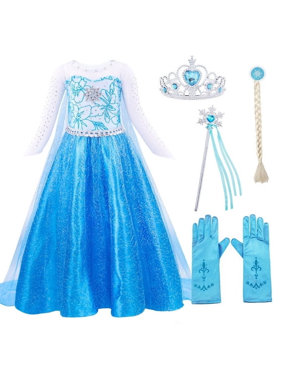Princess Costume for Girls Birthday Party Blue Fancy Dress up Christmas Halloween Cosplay Clothes with Accessories 4T(3-4Years)