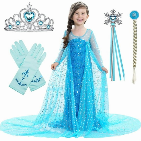 Jurebecia Girls Snow Queen Dress Princess Costume Shimmering Sequin Mesh Cape & Dress-up Accessories for Cosplay Halloween 12 (11-12Years)