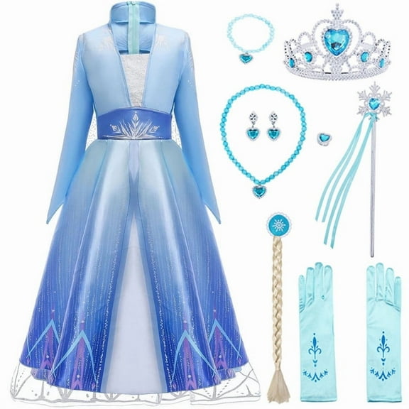 Jurebecia Snow Queen Princess Dress up Costume for Girl Birthday Party Blue Dresses up Little Girls Christmas Halloween Cosplay Costume with Accessories 4T 3-4 Years