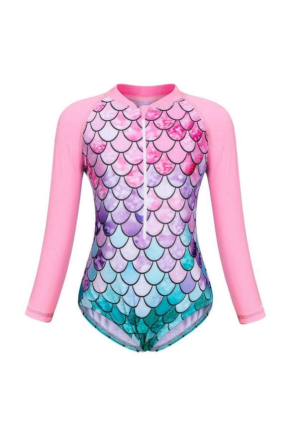 Girls Ariel Mermaid Long Sleeve Swimsuit One Piece Bathing Suit Zipper with UPF 50+ Rashguard Swimwear Printed One Piece Beach 3-4 Years 110 CM