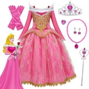 Jurebecia Girls Aurora Princess Dress up Fancy Dresses Birthday Party Cosplay for Kids Ball Gown Evening Casual Outfits Dresses with Accessories