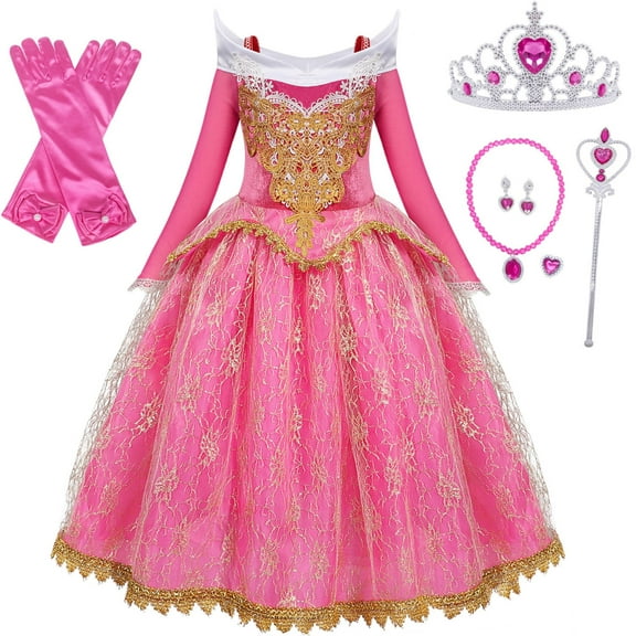 Jurebecia Girls Aurora Princess Dress up Fancy Dresses Birthday Party Cosplay for Kids Ball Gown Evening Casual Outfits Dresses with Accessories