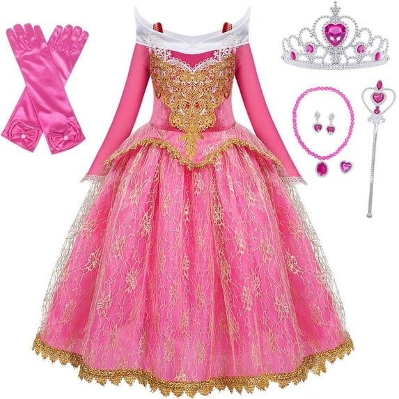 Jurebecia Girls Aurora Princess Dress up Fancy Dresses Birthday Party Cosplay for Kids Ball Gown Evening Casual Outfits Dresses with Accessories