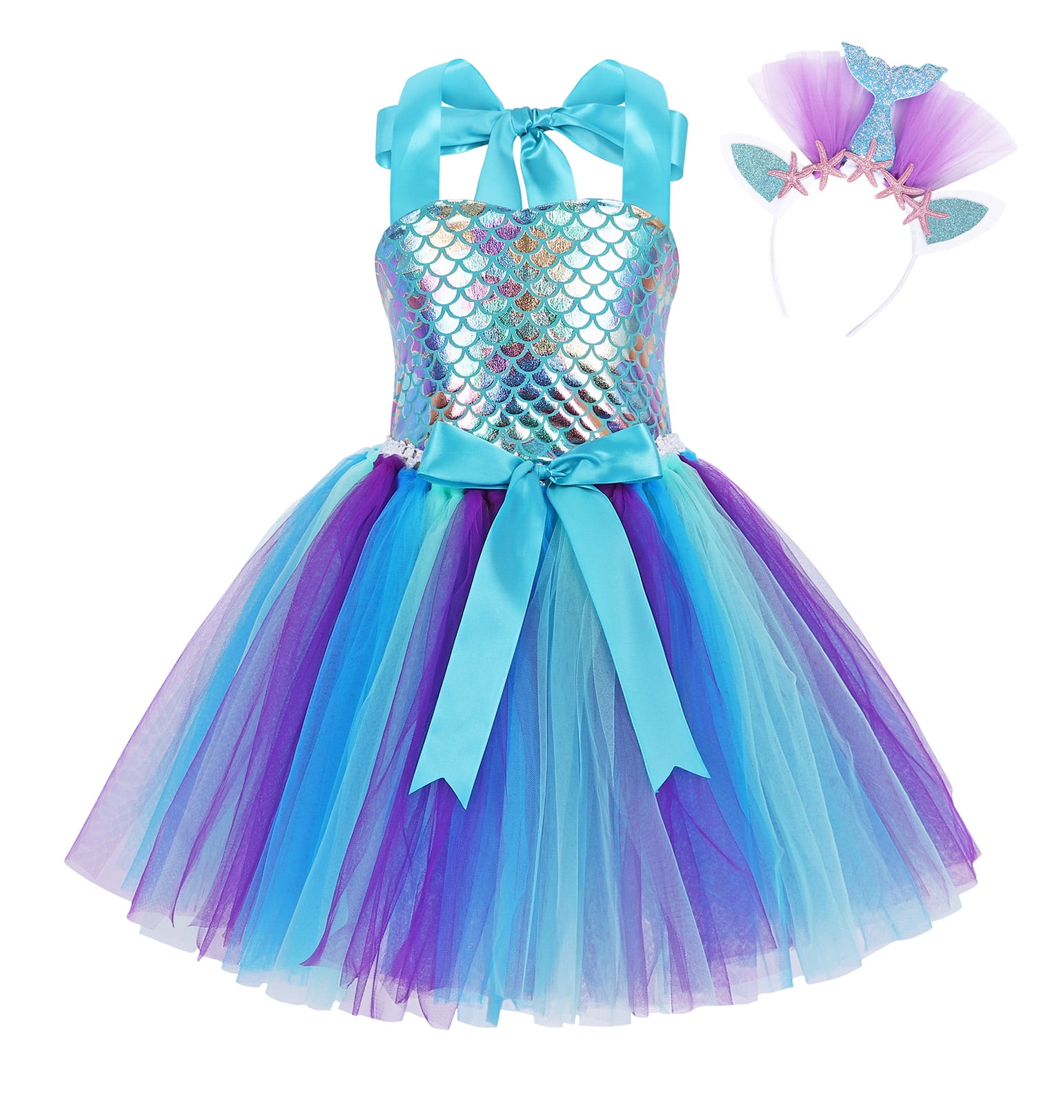Jurebecia Girls Ocean Princess Costume - Shimmery Mermaid Tail Dress for Christmas, Birthday & Halloween (Includes Shell Tiara & Accessories, Ages 6-7, Multicolor)