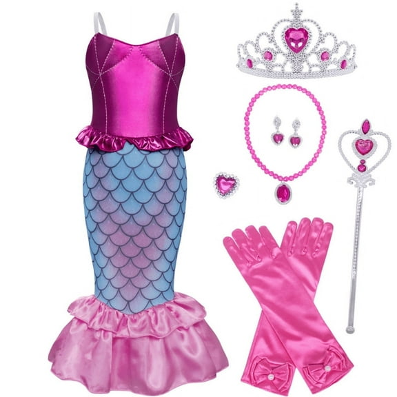 Jurebecia Girls Mermaid Princess Dress 4-6T, Sparkly Tutu Ariel Costume for Birthday Party, Halloween, Christmas, Fancy Outfit with Tiara & Gloves