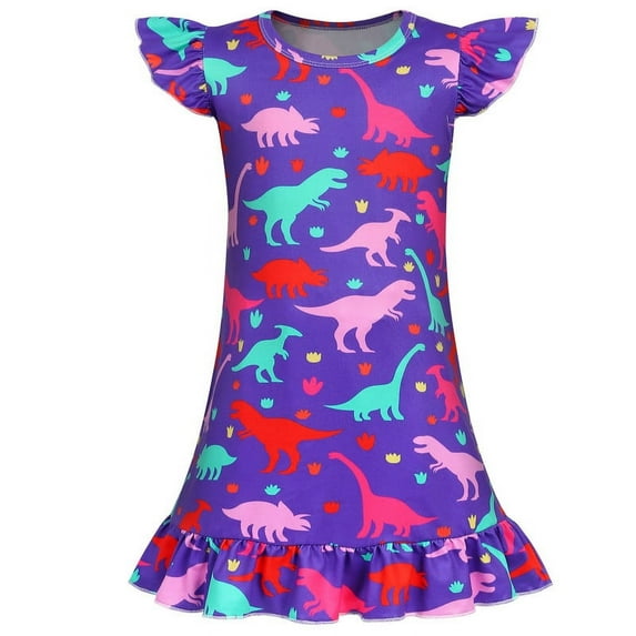 Jurebecia Girls Nightgowns Dinosaur Sleepwear Night Sleep Dress Flutter Sleeve Pajamas Little Kids Toddler Soft Nightgown Pink 130 cm 6-7 Years