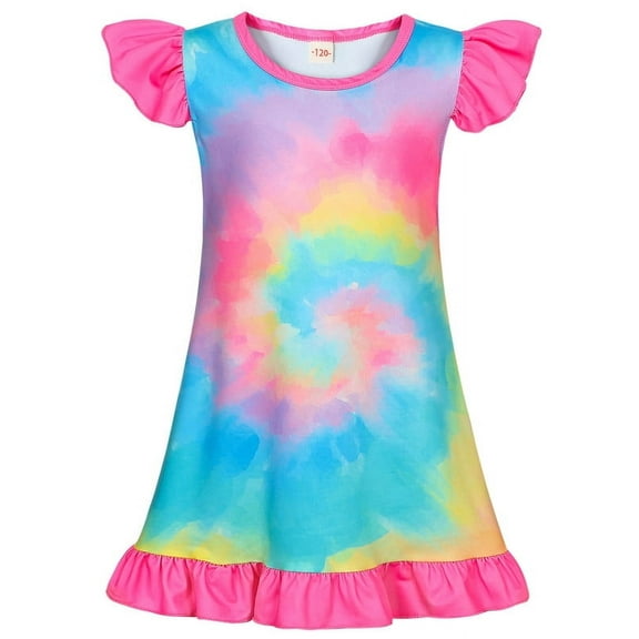 Jurebecia Girls Nightgowns Rainbow Sleepwear Night Sleep Dress Flutter Sleeve Pajamas Little Kids Toddler Soft Nightgown 120 cm 5-6 Years