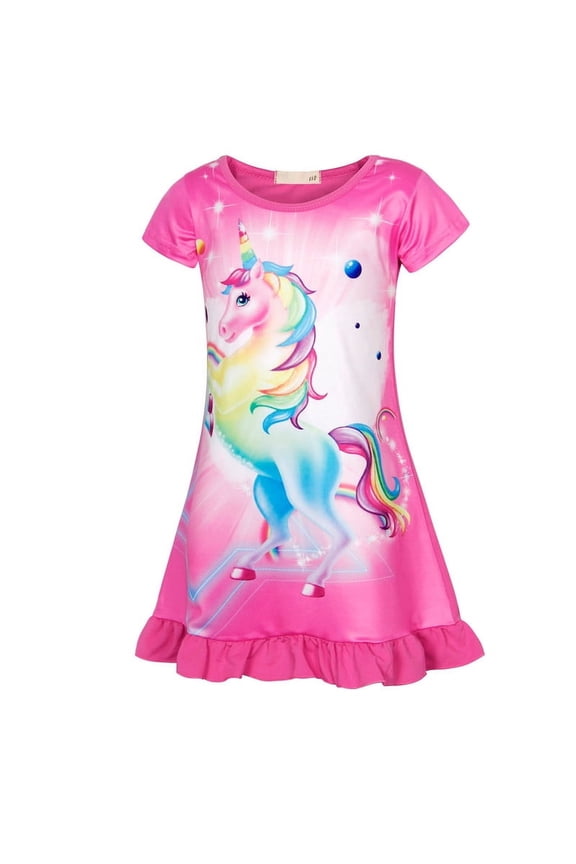 Girls Nightgowns, Unicorn Short Sleeve Sleepwear Nightie Sleepwear Night Sleep Dress Princess Pajama Dresses Soft Nightgown 130 cm 5-6 Years