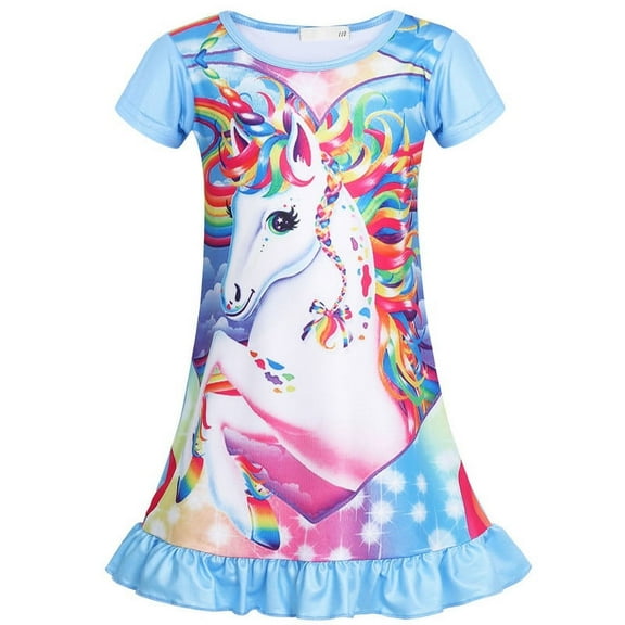 Jurebecia Girls Nightgowns Unicorn Sleepwear Night Sleep Dress Flutter Sleeve Pajamas Little Kids Toddler Soft Nightgown Blue 120 cm 4-5 Years