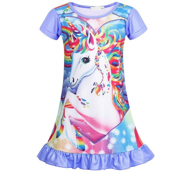 Jurebecia Girls Nightgowns Unicorn Sleepwear Night Sleep Dress Flutter Sleeve Pajamas Little Kids Toddler Soft Nightgown Purple 140 cm 7-8 Years