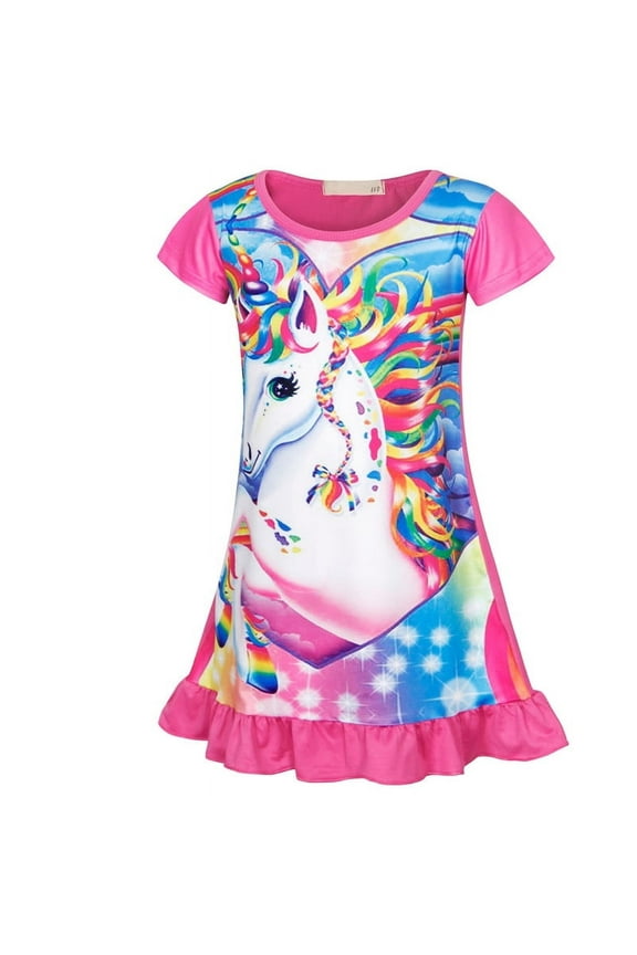 Girls Nightgowns Unicorn Sleepwear Night Sleep Dress Flutter Sleeve Pajamas Little Kids Toddler Soft Nightgown Rose Red 130 cm 5-6 Years