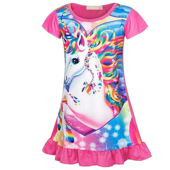 Jurebecia Girls Nightgowns Unicorn Sleepwear Night Sleep Dress Flutter Sleeve Pajamas Little Kids Toddler Soft Nightgown Rose Red 140 cm 7-8 Years