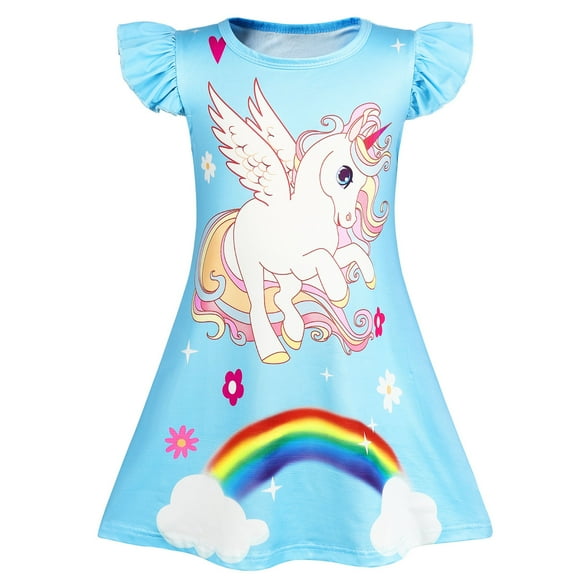 Jurebecia Girls Nightgowns Unicorn Sleepwear Night Sleep Dress Pajamas Little Kids Toddler Soft Nightgown Flutter Short Sleeves Nightdress 140 cm 7-8 Years