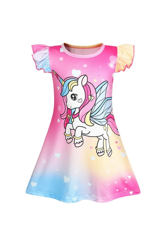 Girls Nightgowns Unicorn Soft Nightgown Flutter Short Sleeves Nightdress Nightie Dress Sleepwear Pajamas for Kids 120 cm 5-6 Years