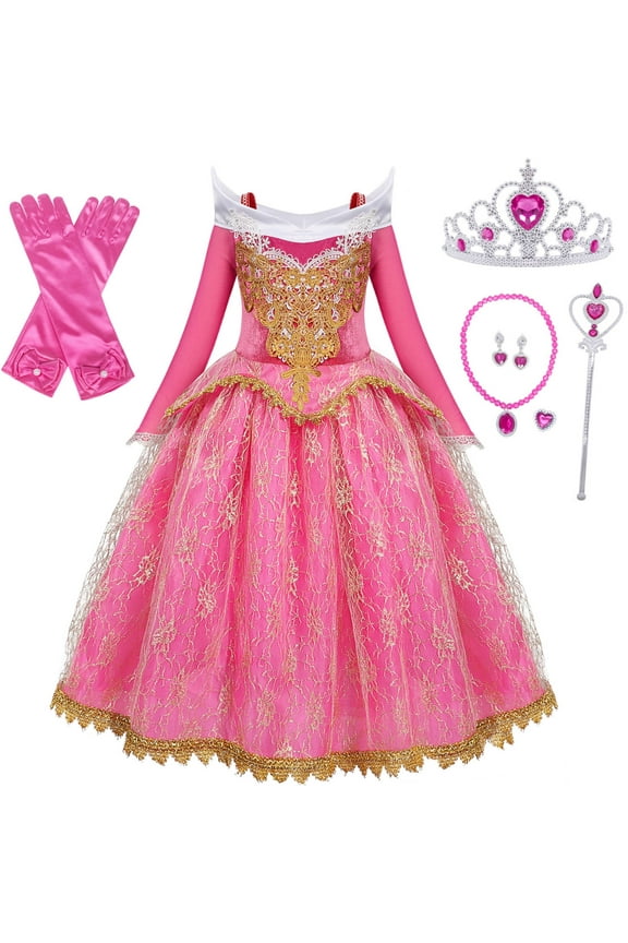 Girls Princess Dress up Aurora Fancy Dresses Birthday Party Cosplay for Kids Evening Gown with Accessories