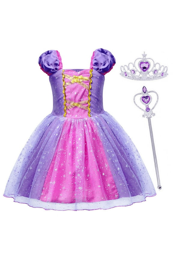 Girls Princess Party Dress with Puff Sleeves - Sparkly Tulle Fancy Gown for Birthday, Christmas & Special Occasions (Age 1-6, Purple)