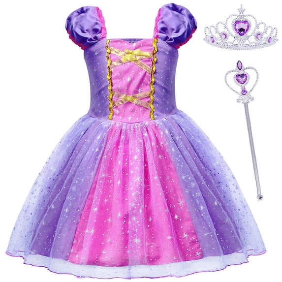 Jurebecia Girls Princess Party Dress with Puff Sleeves - Sparkly Tulle Fancy Gown for Birthday, Christmas & Special Occasions (Age 1-6, Purple)