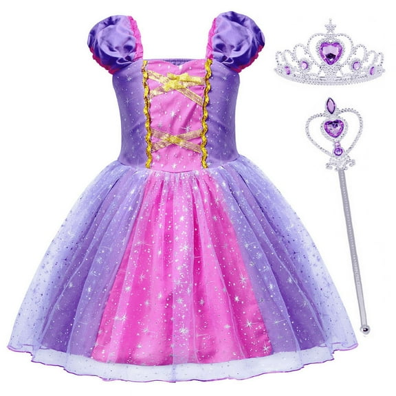 Jurebecia Girls Princess Party Dress with Puff Sleeves - Sparkly Tulle Fancy Gown for Birthday, Christmas & Special Occasions (Age 1-6, Purple)