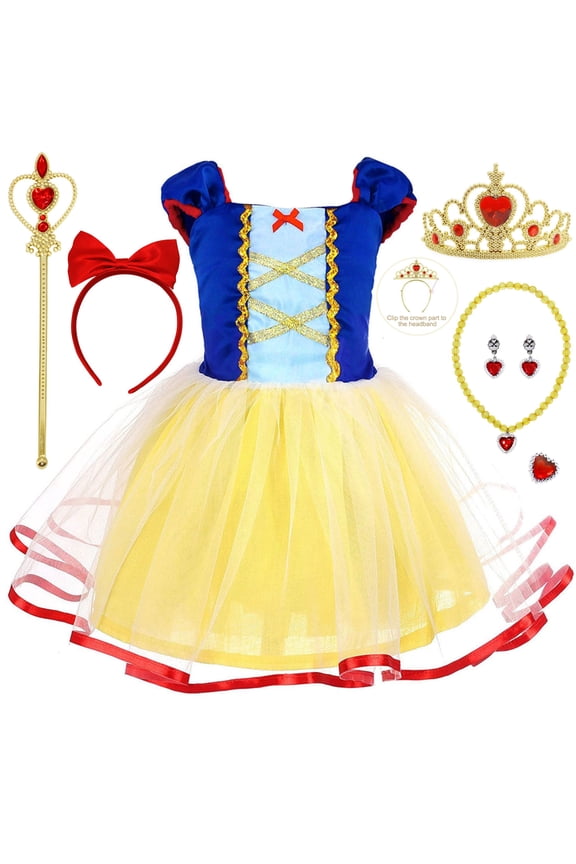 Girls Snow Princess Dress White Toddler Royal Storybook up Kids Puffed Sleeves & Tulle Skirt Birthday Party Costume Tulle Skirt 2-3 Years
