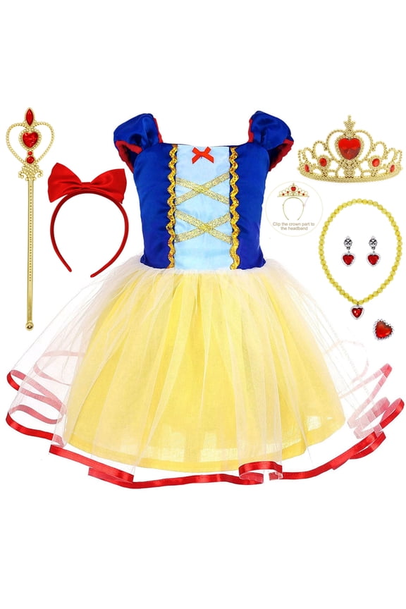 Snow Princess Dress White Royal Storybook up Puffed Sleeves & Tulle Skirt Birthday Party Costume Tulle Skirt 4-5 Years