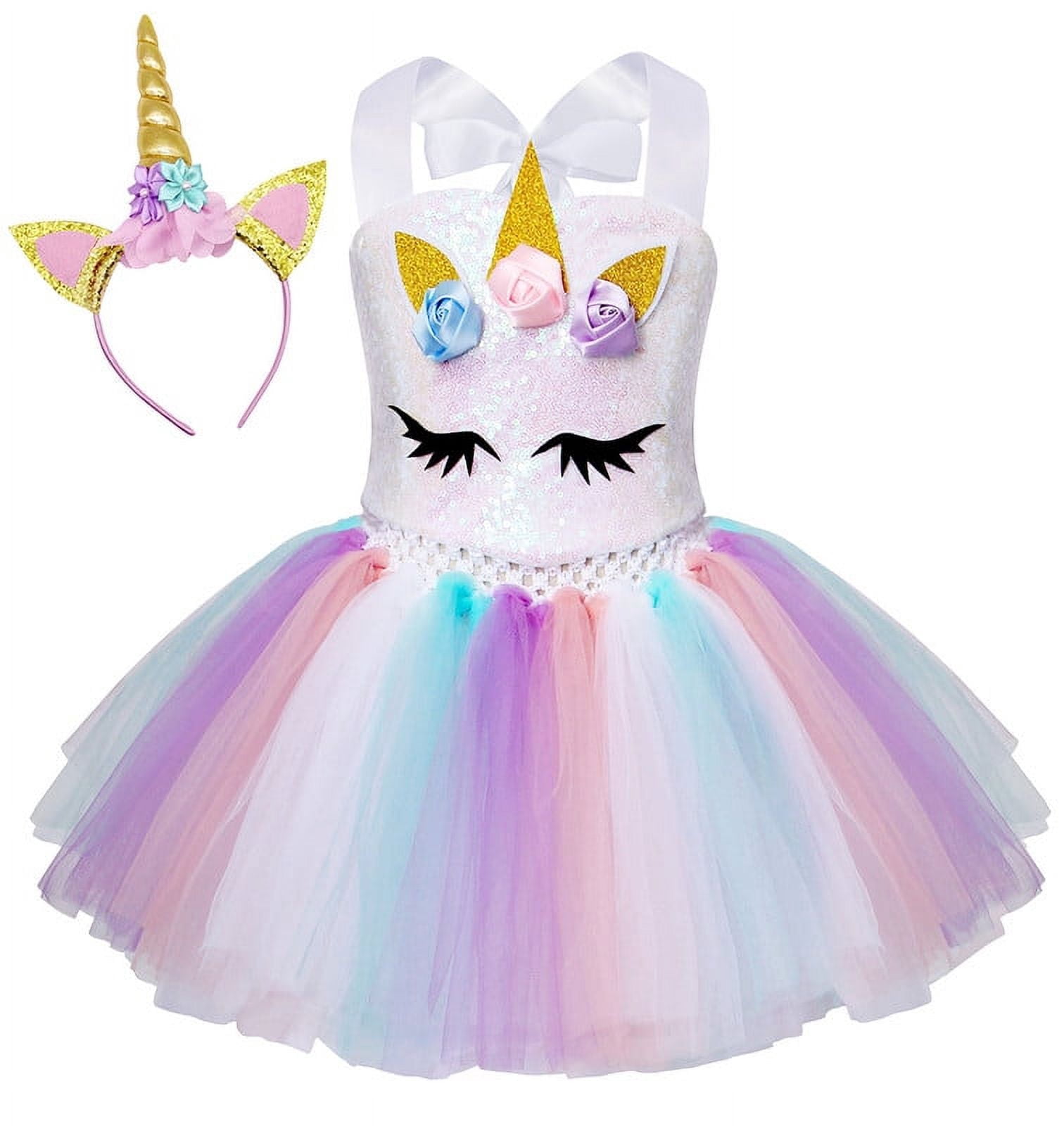 Jurebecia Princess Costume for Girls Tutu Halloween Dress with Headband for Birthday Party Children's Day White 4-5 Years