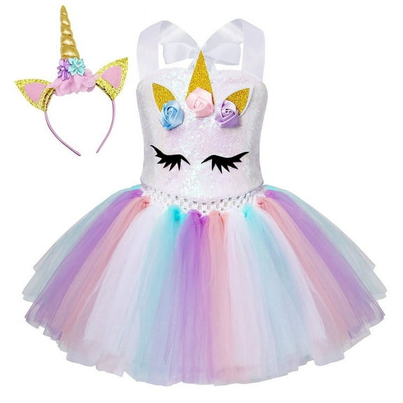 Jurebecia Princess Unicorn Costume for Girls Tutu Halloween Dress with Headband for Birthday Party Children's Day White 4-5 Years