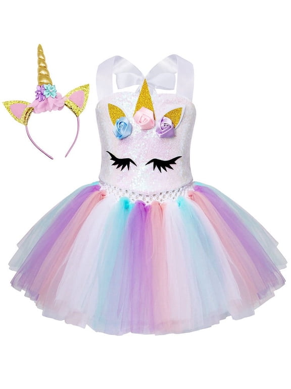 Princess Costume for Girls Tutu Halloween Dress with Headband for Birthday Party Children's Day White 4-5 Years