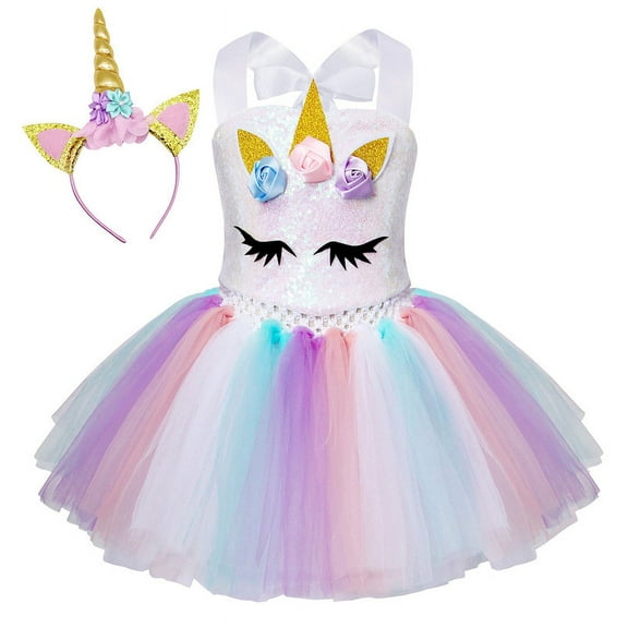 Jurebecia Princess Unicorn Costume for Girls Tutu Halloween Dress with Headband for Birthday Party Children's Day White 6-7 Years
