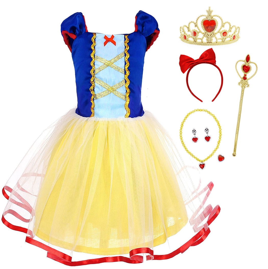 Jurebecia Girls Snow White Princess Dress up Kids Birthday Party Snow White Costume toddler Tulle Skirt with Accessories Yellow 120 cm 5-6 Years
