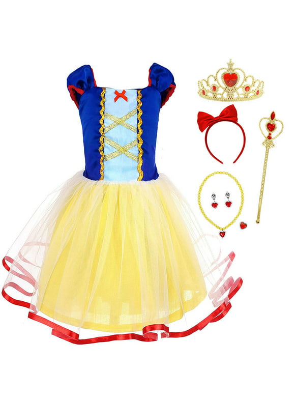 Jurebecia Girls Snow White Princess Dress up Kids Birthday Party Costume Tulle Skirt with Accessories