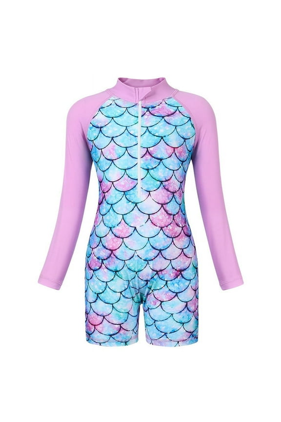 Girls Swimsuit Kids One Piece Swimsuit Long Sleeve UV Sun Protection Mermaid Scales Printed Zipper Front Swimming Wetsuit Athletic Romper 3-4 Years