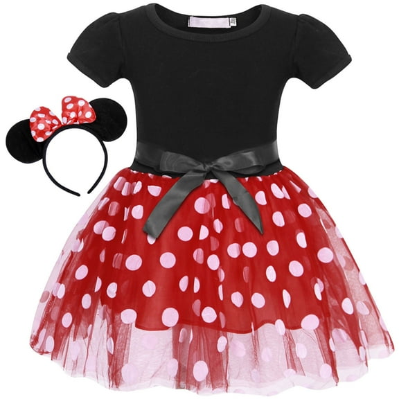 Jurebecia Toddler Girls Princess Costume Mini Red Polka Dot Tutu Mouse Dress with Bow Headband Fancy Party Outfit for Birthday Cosplay 3-4Years