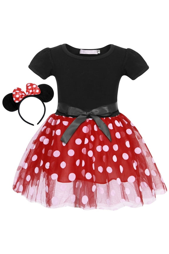 Toddler Girls Princess Costume Minnie Red Polka Dot Tutu Mouse Dress with Bow Headband Fancy Party Outfit for Birthday Cosplay 12-18 Months