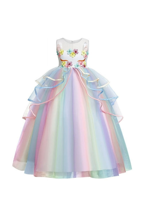 Girls Unicorn Rainbow Princess Dress up Pageant Long Maxi Tulle Fancy Birthday Party Cosplay Costume Dance Prom