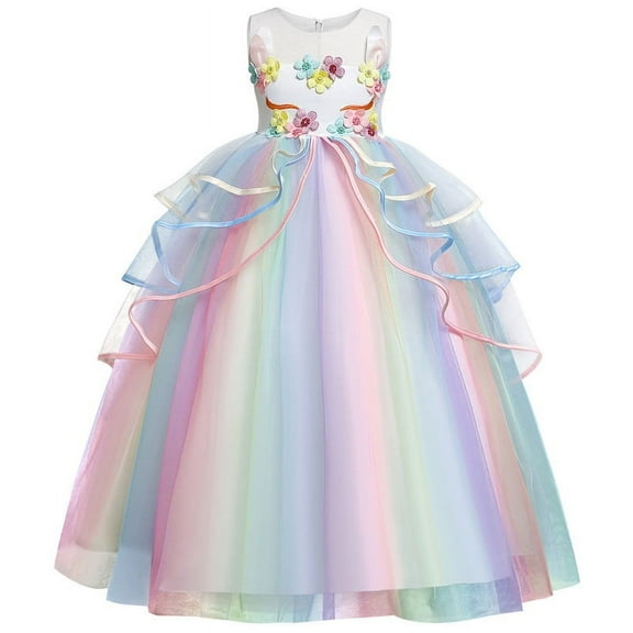 Jurebecia Girls Unicorn Rainbow Princess Dress up Pageant Long Maxi Tulle Fancy Birthday Party Cosplay Costume Dance Prom