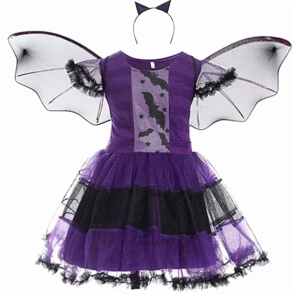 Jurebecia Halloween Witch Costume for Girls Purple Bat Wing Dress with Headband Spooky Kids Fancy Dress up Outfit 6,4-5 Years