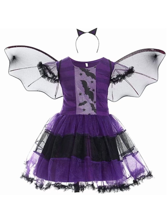 Halloween Witch Costume for Girls Purple Bat Wing Dress with Headband Spooky Kids Fancy Dress up Outfit 6,4-5 Years