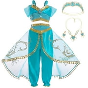 Jurebecia Princess Costume for Girls Sequined Halloween Dress Kids Birthday Party Dresses up Blue with Accessories 150 cm 11-12 Years