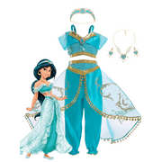Jurebecia Jasmine Costume for Girls Sequined Princess Dress up Birthday Cosp Party Blue with Accessories 150 CM 11-12 Years