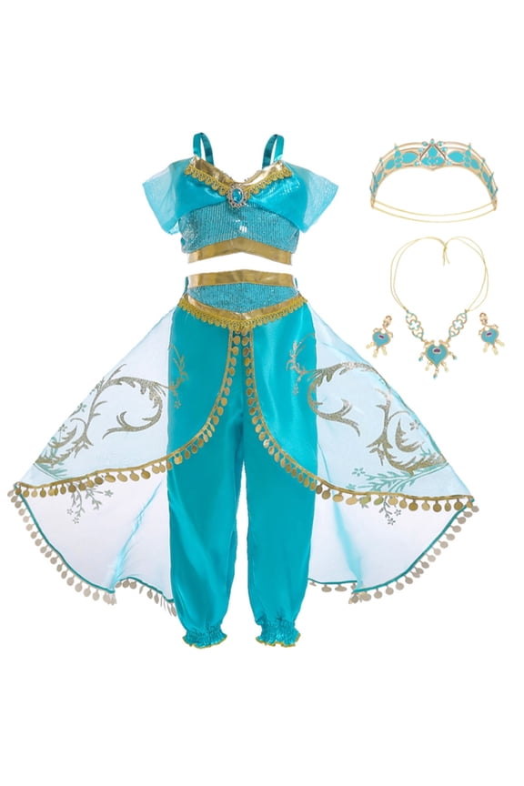 Jasmine Princess Costume for Girls Sequined Halloween Dress up Blue with Accessories 120 cm 5-6 Years